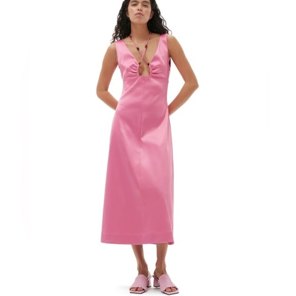 GANNI DOUBLE SATIN HALTER-NECK DRESS